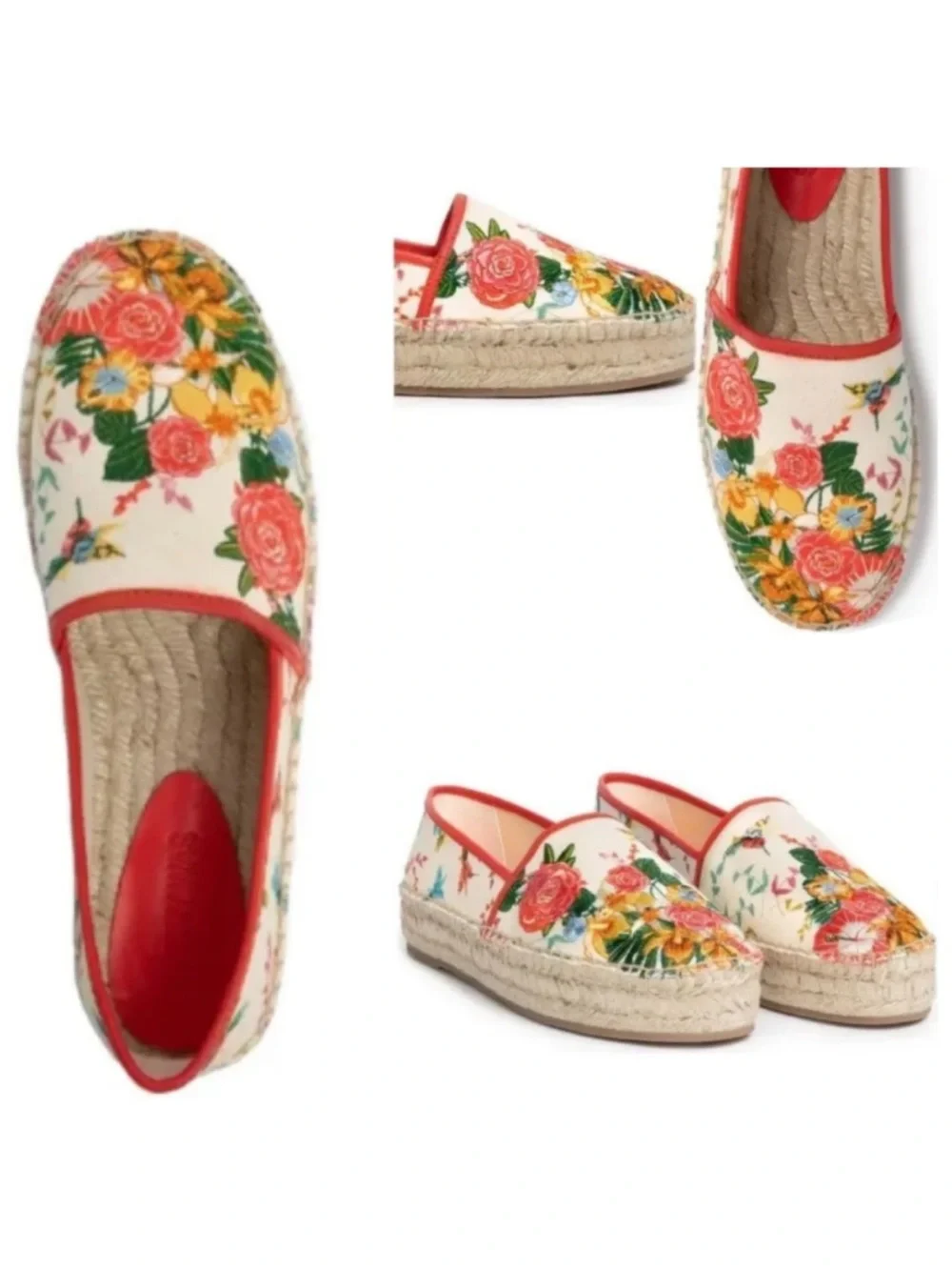 Johnny Was Andra Floral Embroidered Espadrilles in Cream and Red Trim